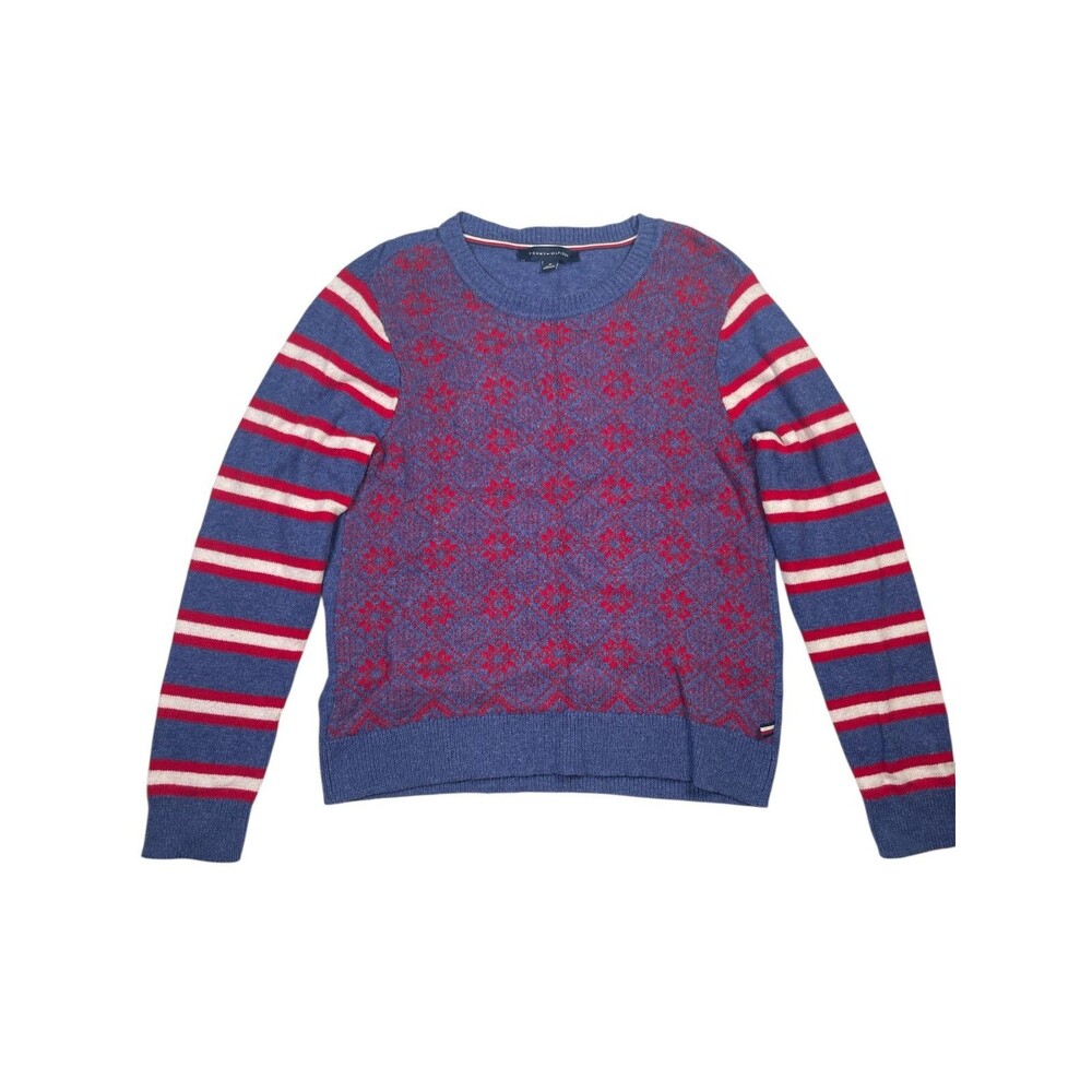 Tommy Hilfiger‎ Sweater Women's Medium Blue Red Snowflake Knit Crewneck Pullover